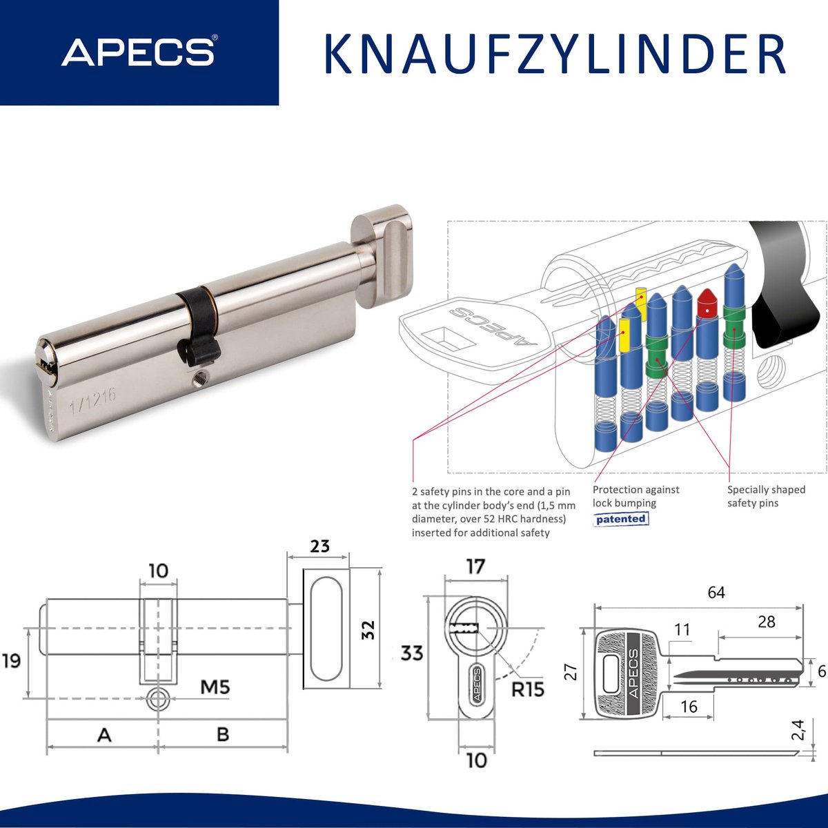 Deurknopzylinder met 5 sleutels en bevestigingsschroef 40/60 mm
