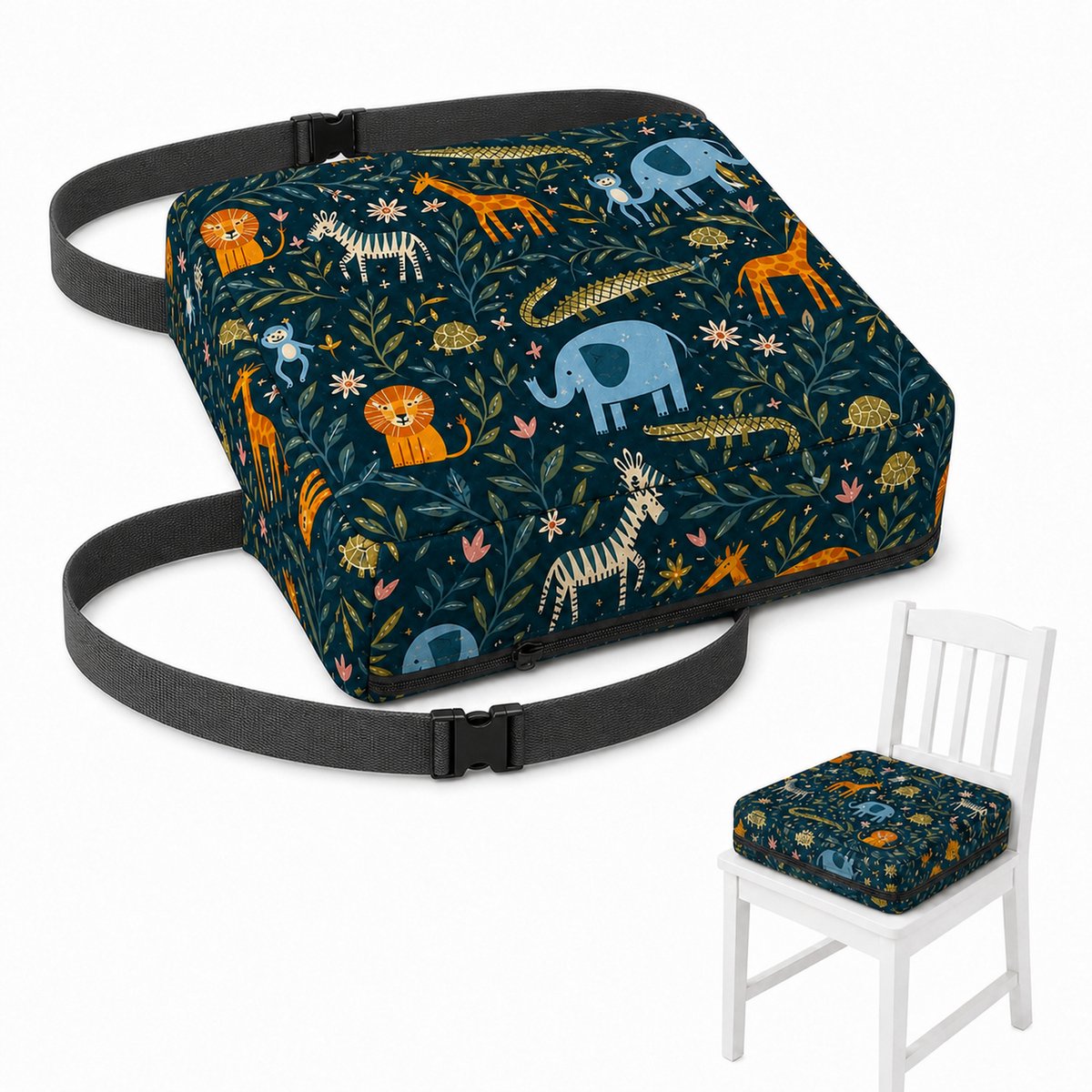 JustValue stoelverhoger kind - Jungleprint - 32 x 32 x 8 cm - Zitverhoger eetkamerstoel met 2 riemen