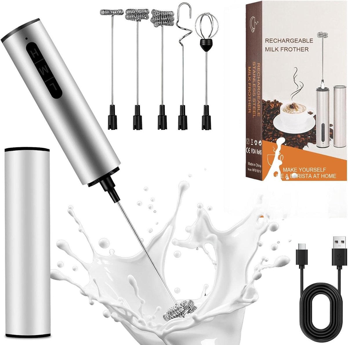 Handmixer - Blauw - Draagbare Melkopschuimer met 3 Snelheden en 5 Opzetstukken - Voor Koffie, Matcha en Eieren