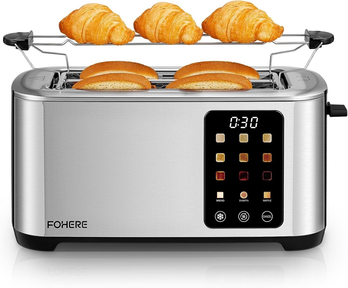 Broodrooster - Roestvrijstaal - 4 Sneetjes - Digitale Broodrooster met Lange Sleuven - Voor Brood, Wafels en Muffins