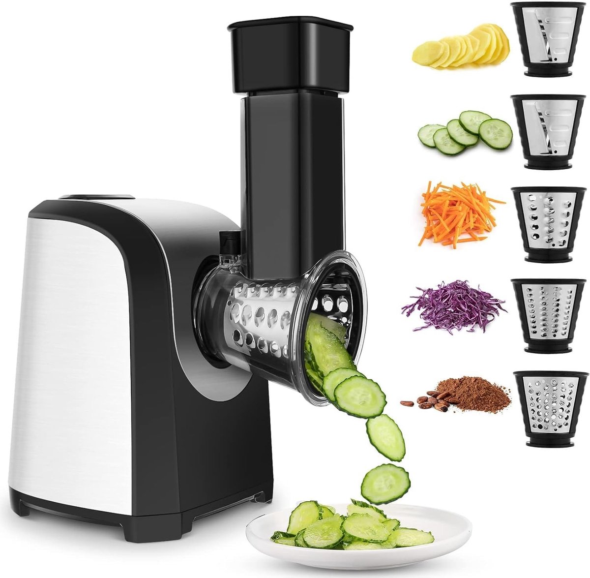 Elektrische groentesnijder, 150 W, professionele 5-in-1 groentesnijder, elektrisch met 5 messen, groenterasp, multifunctionele elektrische rasp voor kaas, fruit en groenten
