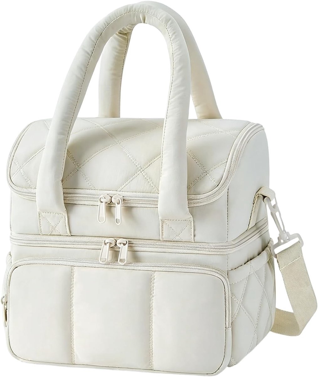 Geïsoleerde Lunchtas - Beige - 25,4 x 17,7 x 25,4 cm - Gewatteerde Koeltas met Twee Verdiepingen - Voor Kantoor, Picknick en Reizen