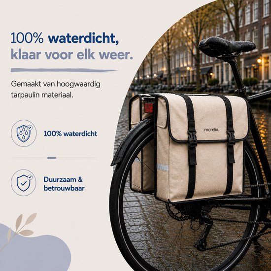 Morelia® Fietstas XL - 100% Waterdicht (52 Liter Beige) - Incl Achterlicht - Fietstassen - Fietstassen Electrische Fietsen - Fietstassen Dubbel - Tarpaulin materiaal van Morelia — afbeelding 2
