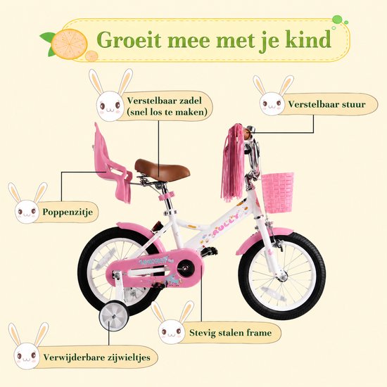 Vankel Meisjesfiets - Kinderfiets - 12/14/16 inch - Cadeau voor Meisjes - Met Poppenzitje, Mandje en Zijwieltjes - wit — afbeelding 2
