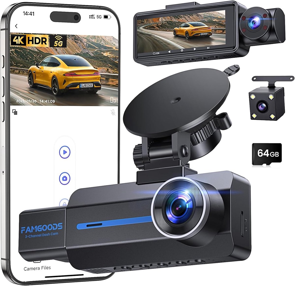 Dashcam Auto - Zwart - 3,16 inch IPS-scherm - 4K Met Achter- en Binnencamera - Voor Beveiliging en Opnames