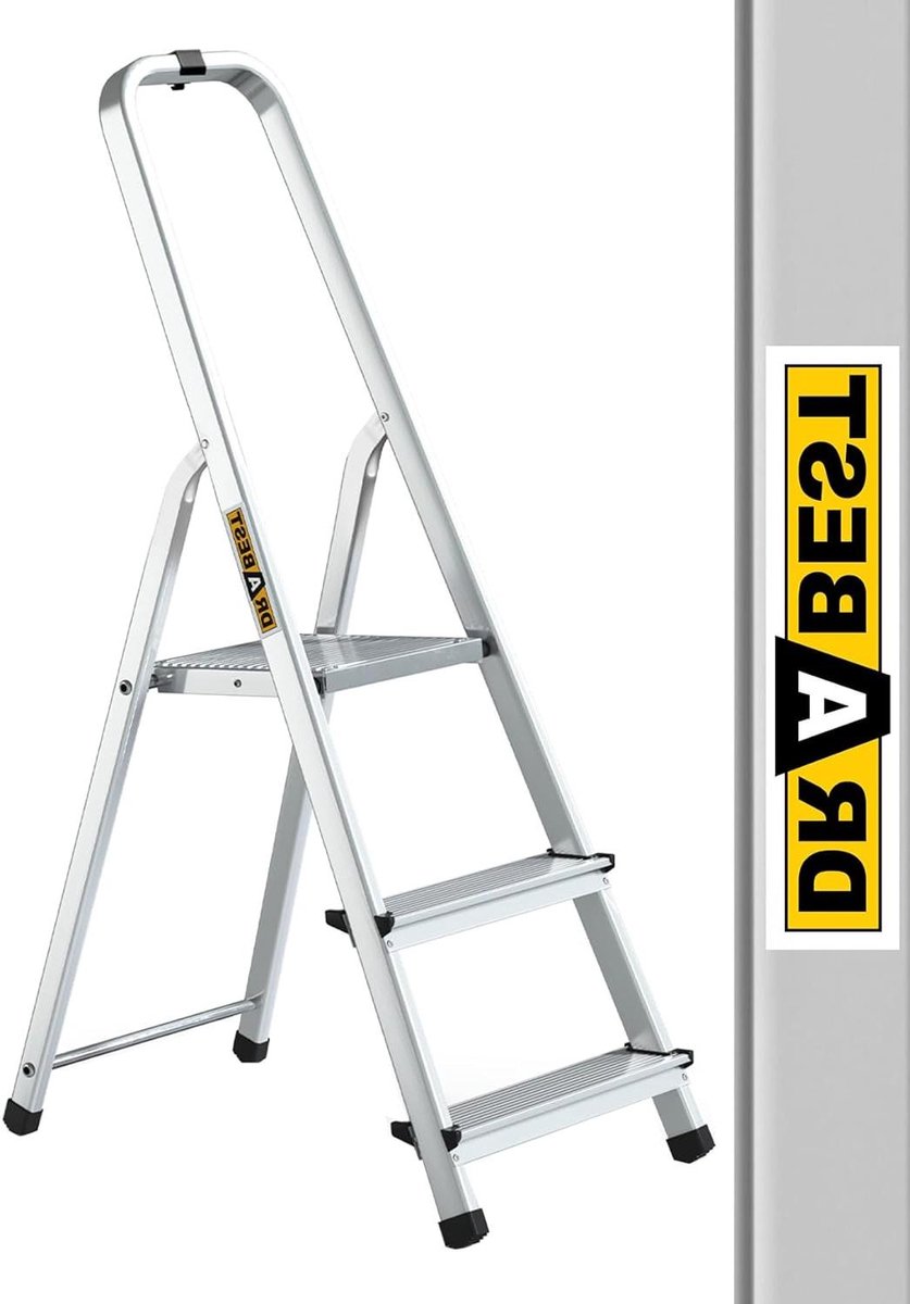 Huishoudladder Aluminium - Trapladder Keukenladder - Klusjes in Huis - Met Veiligheidsrail - 121 cm Hoog - Zilver