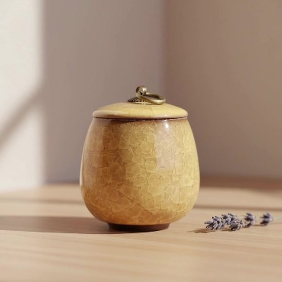 Mini Urn Edel 180ml - Keramiek Craquelé - Geel - Urne Hond - Crematie Urne - Voor Huisdieren of Menselijk As - NORE