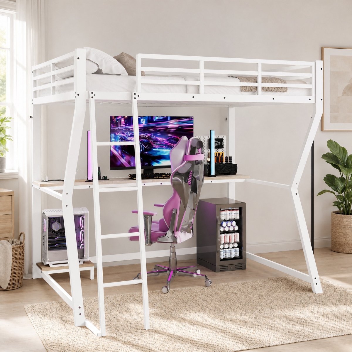 COVREO Hoogslaper 90x200 cm wit metaal, met bureau, LED en ladder