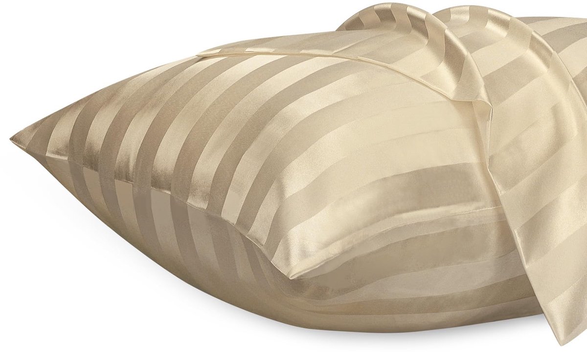 Set van 2 Satin Kussenhoezen 50x70cm met Rits, Khaki Strepen