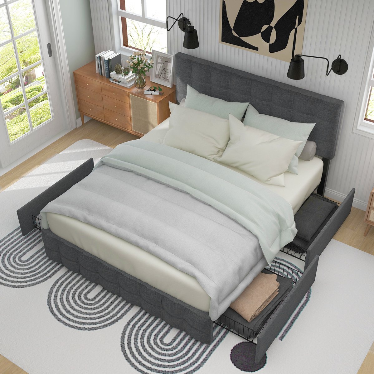 COVREO Bed 140x200 cm grijs, stof en metaal, met 4 lades en lattenbodem