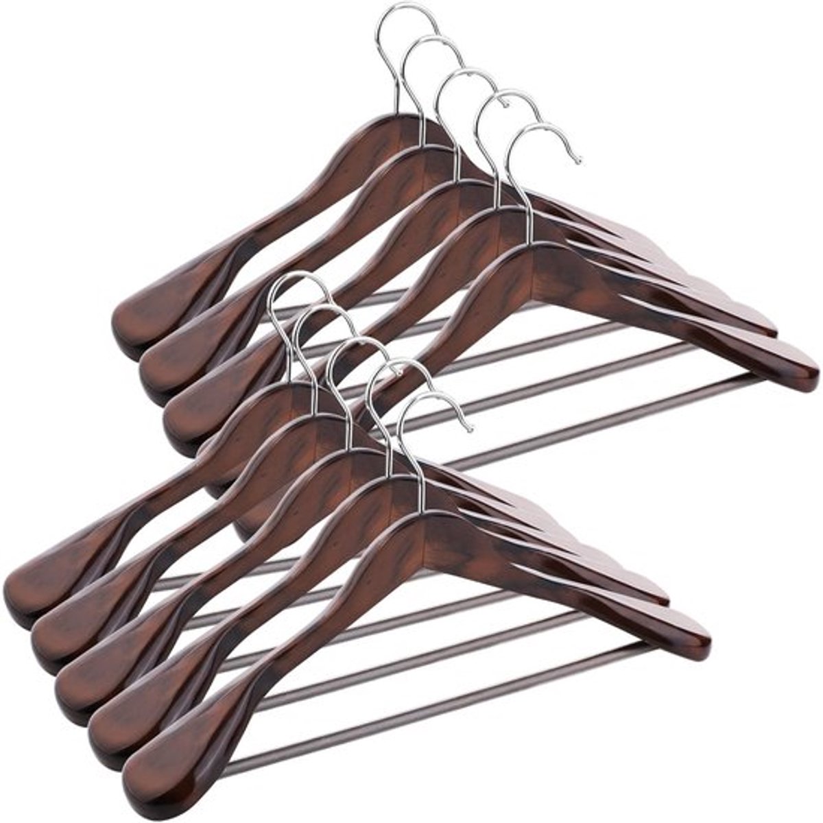 Kleerhangers Set van 10 - Houten Kostuumhangers - 360° Draaibare Haak - Extra Brede Schoudersectie - Duurzaam Schima Superba Hout - 44 x 5,5 x 23 cm - Hangers