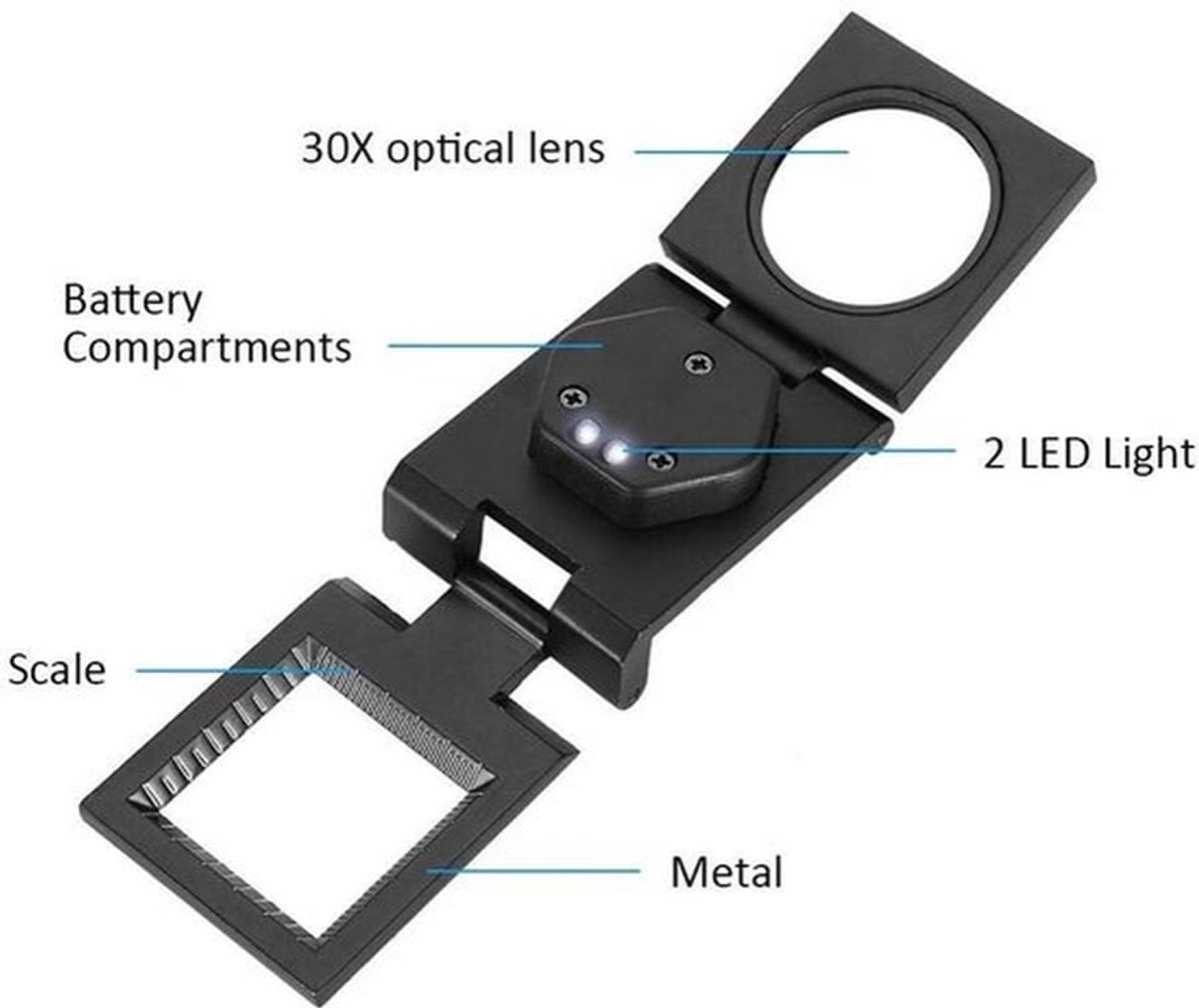 Staande Loep - Vergrootglas 30x - Inklapbaar en Draagbaar - Zwart - Met LED Verlichting - Ideaal voor Senioren en Handwerk