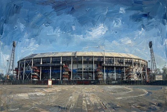 Olieverfschilderij van het Feyenoord stadion 'De Kuip' onder een blauwe, bewolkte hemel. Het stadion heeft een ronde vorm met veel staalconstructies en rood-blauwe accenten.