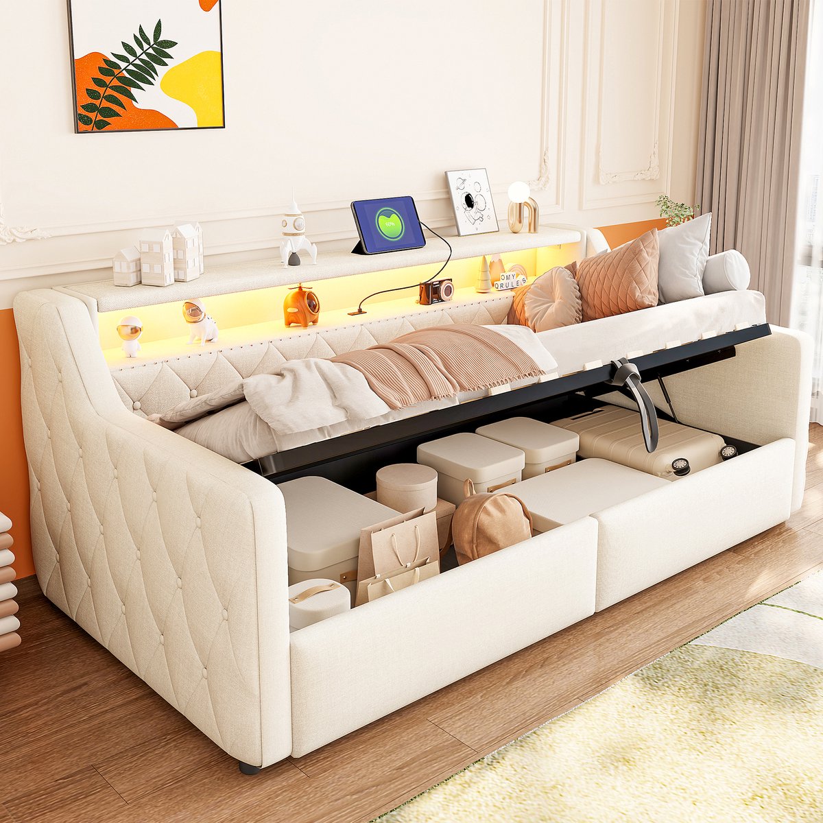 Dagbed 90x200 cm - Met LED-Verlichting - Met Opbergruimte - Met USB-Oplaadpunt - Beige