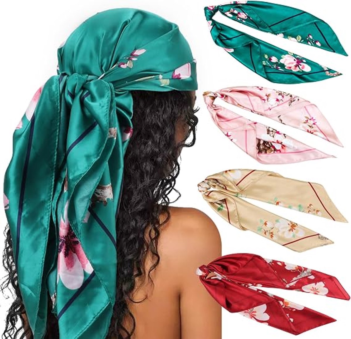 Claoner Satijnen hoofddoek - 4 stuks - 90x90cm - Vierkant zijden sjaal - Retro print - Strand accessoire - Vrouwen