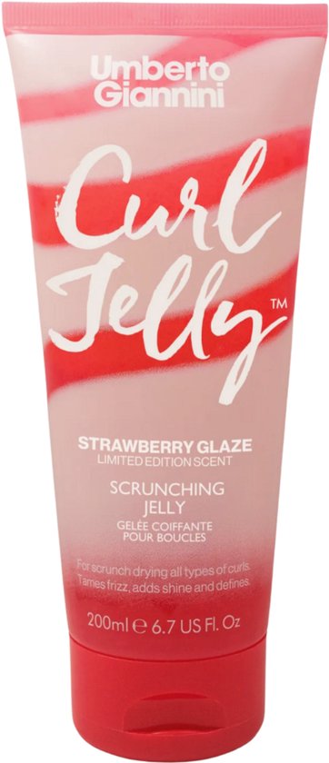 Umberto Giannini Curl Jelly Scrunching Jelly in Strawberry Glaze Limited Edition Scent. De tube is roze met witte en rode strepen.