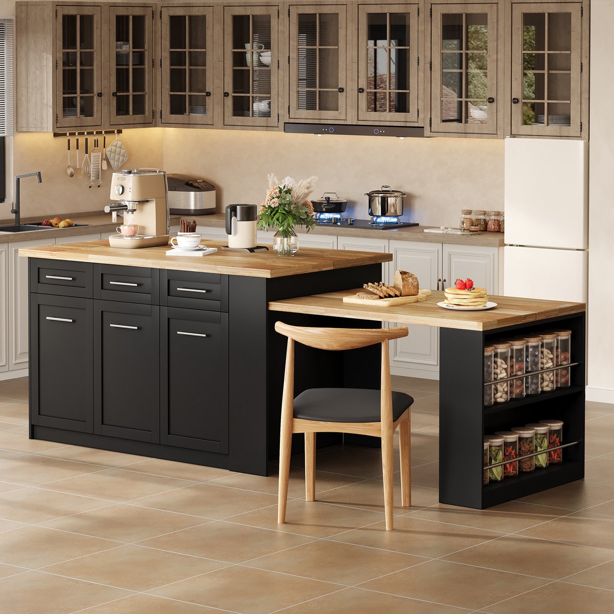 Keukentrolley - met mobiel ontwerp en uitschuifbaar werkblad - naturel en zwart - afmetingen 150 x 90 x 90 cm - voor een praktische keuken
