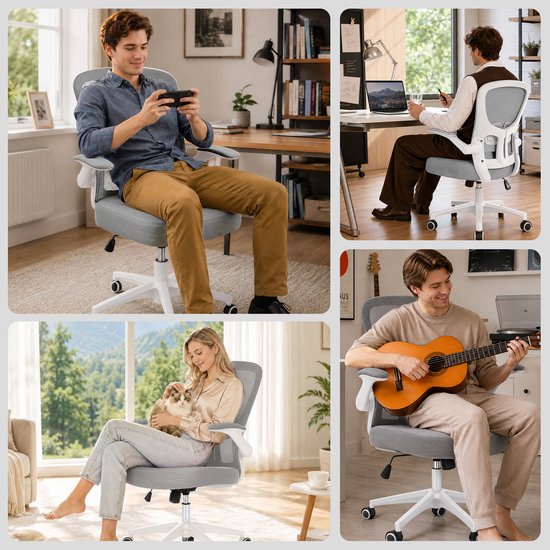 Een man zit op een grijze bureaustoel met witte armleuningen en een wit onderstel, terwijl hij een smartphone vasthoudt. Een andere man zit aan een bureau te werken. Een vrouw zit met een kat op de stoel. Een man speelt gitaar.