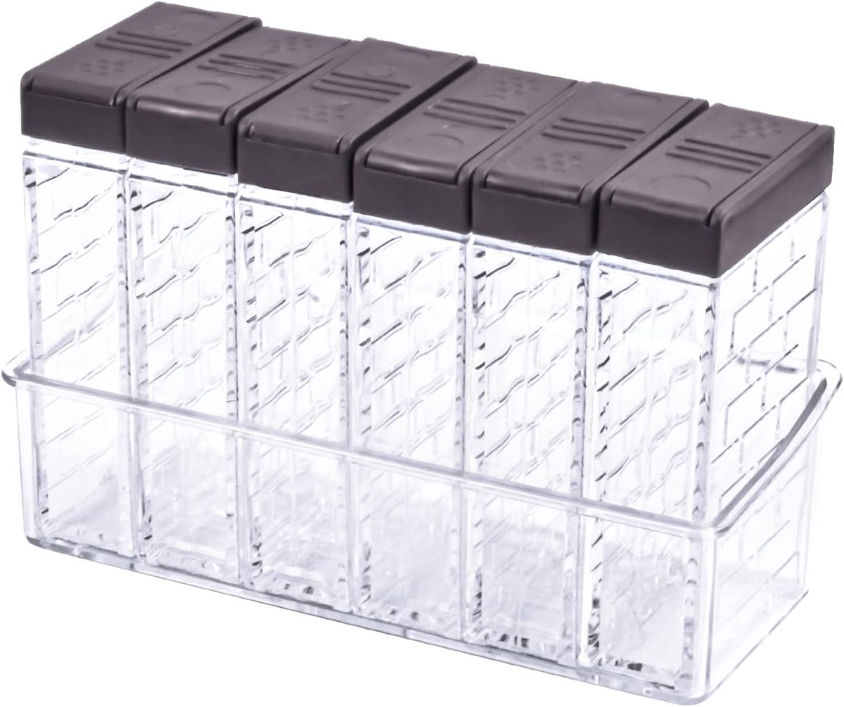 6-delige plastic kruidendispenser/reiskruidenbox met 2-in-1 deksel, gekoeld, voor het bewaren van specerijen, zout en peper, transparant, bruin