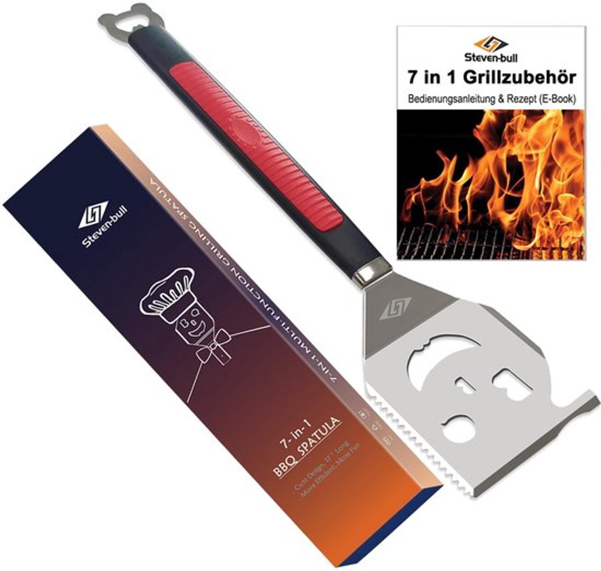 Grillspatel 7-in-1 - Multifunctioneel Grillgereedschap - Robuuste Barbecue-accessoires - Extra Dikke Spatel - Houten Handgreep - 43 cm Lang