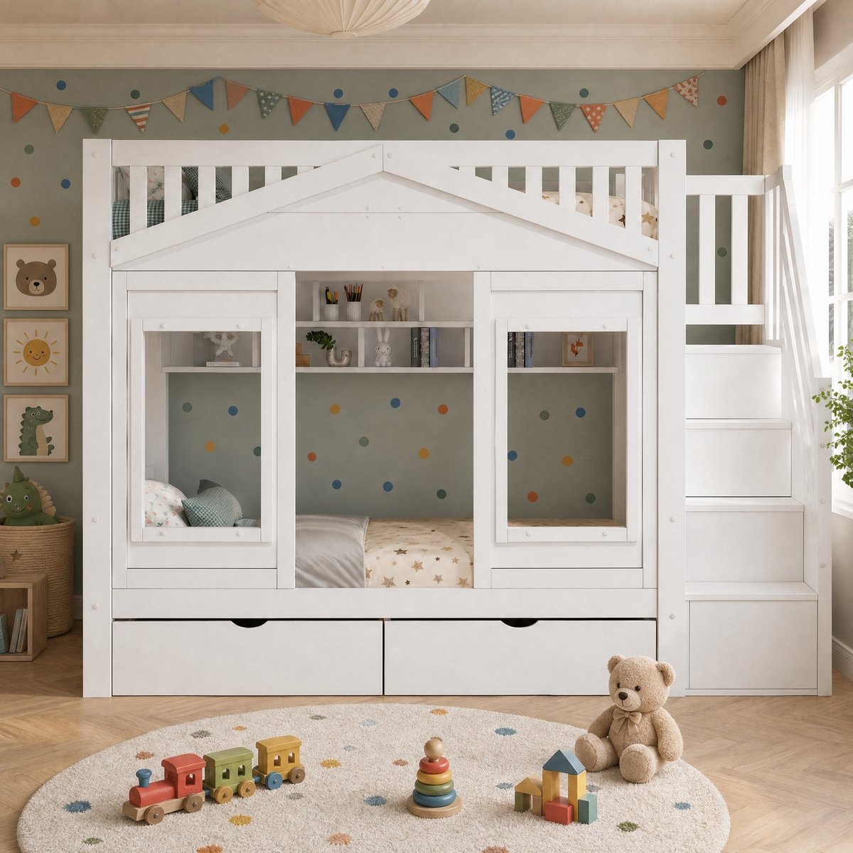 Hoogslaper 90x200 cm - Met Opbergtrap, Bedlade en Uitvalbeveiliging - Zonder Matras - Huisbed voor Kinderkamer - Hout en MDF - Wit