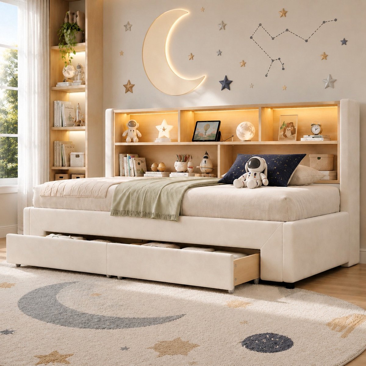 Bedbank 90x200 cm - Uittrekbaar Slaapbed Met USB En LED - Met Opberglades En Open Vak - Voor Kinderkamer En Logeerkamer - Stof - Beige Zonder Matras