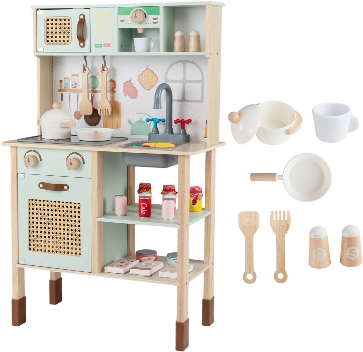 COSTWAY Kinderkeuken dubbelzijdig met bord, speelkeuken met licht en geluid, speelgoedkeuken met accessoires, fornuis, oven, magnetron en koffiezetapparaat, houten keuken voor kinderen vanaf 3 jaar