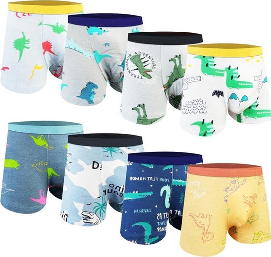 Set van acht kleurrijke boxershorts met dinosaurusprints en elastische taillebanden in diverse tinten.