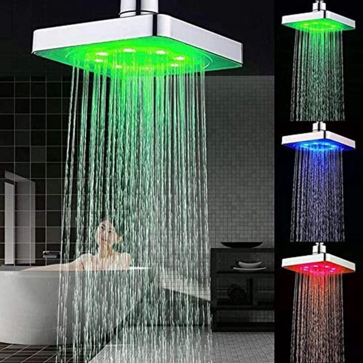 Led-douchekop - 20 cm vierkant - Waterbesparend - 7 kleuren - Droomachtige verlichting - Geschikt voor badkamer - Groen of ijzergrijs