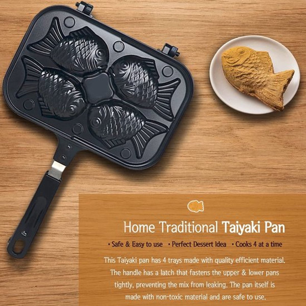 Taiyaki Wafelijzer met Dubbelzijdige Antiaanbaklaag - Visvormige Pannenkoek - Aluminiumlegering - Lange Steel - 22,5 x 36,5 cm - Voor Thuis DIY Koken