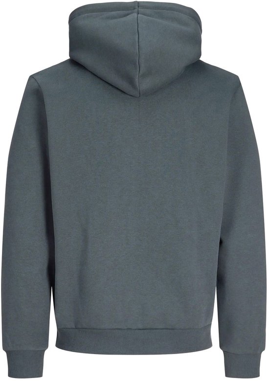 Achterkant van een effen grijze hoodie met capuchon.