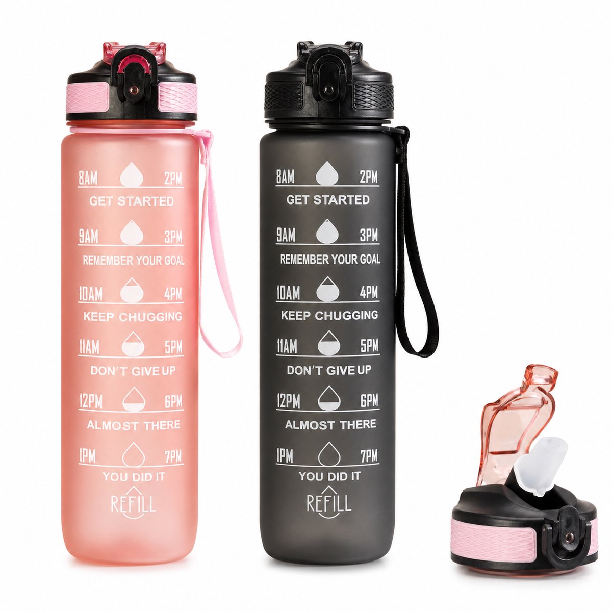 VHV - Waterfles 1L Set van 2 - Sportwaterfles met Tijdmarkering - Motivatie Waterfles - Perzikroze + Zwart - 1-Knops Deksel-Draagriem- Lekbestendig - Voor Werk, School, Sport en Onderweg