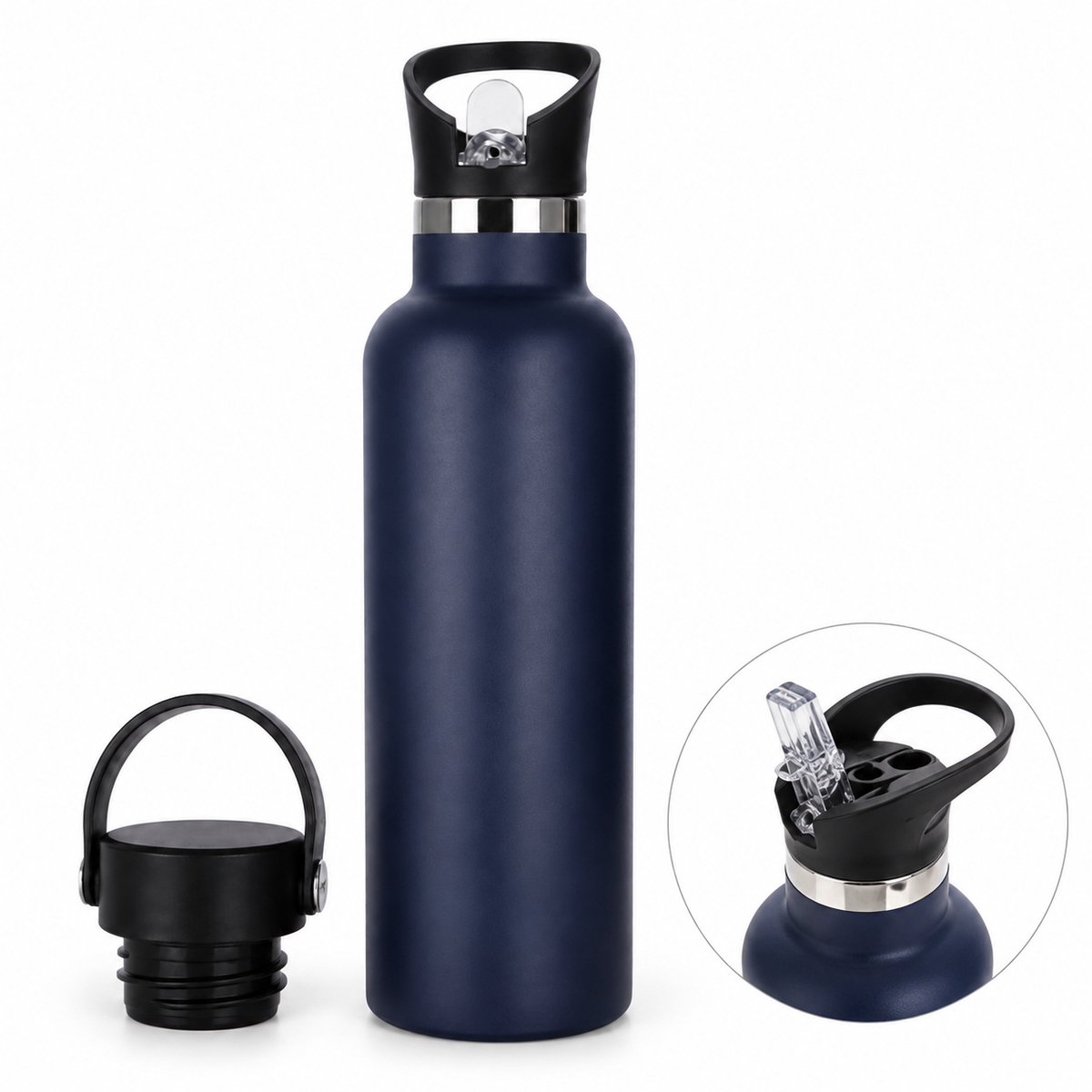 VHV - Thermosfles 500ml - RVS Drinkfles - Waterfles Lekvrij -Hermosflessen - Dubbelwandige Geïsoleerde Waterflessen met Strohalm - Lekvrije Thermoskan voor Sport, School en Kantoor - Blauw