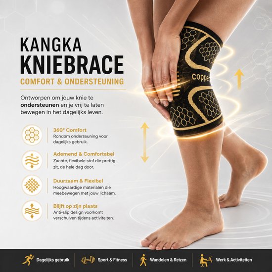 Zwarte KANGKA kniebrace met gouden accenten, honingraatpatroon en ovaal met strepen. Een persoon draagt de brace om de knie. Iconen benadrukken 360° comfort, ademend & comfortabel, duurzaam & flexibel, anti-slip.