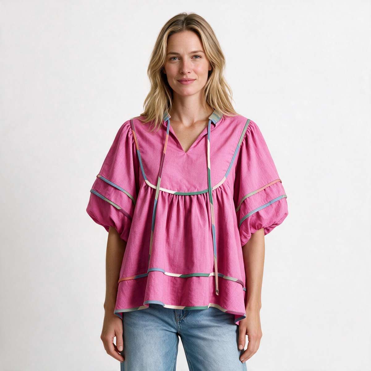 Imily Bela Dames Gestreepte Boho Blouse met Volantmouwen en Koordjes