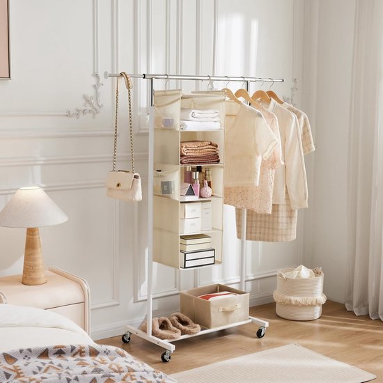2 Stuks Kleding Organizer Hangend - Garderobe Organizer met 5 Vakken en Zijvakken - Opvouwbare Hangende Opberger voor Kleding, Schoenen en Accessoires - Beige — afbeelding 4