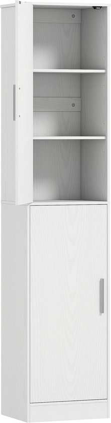 Witte badkamerkast met gesloten boven- en onderdeur. Het open bovenste deel heeft 3 planken.