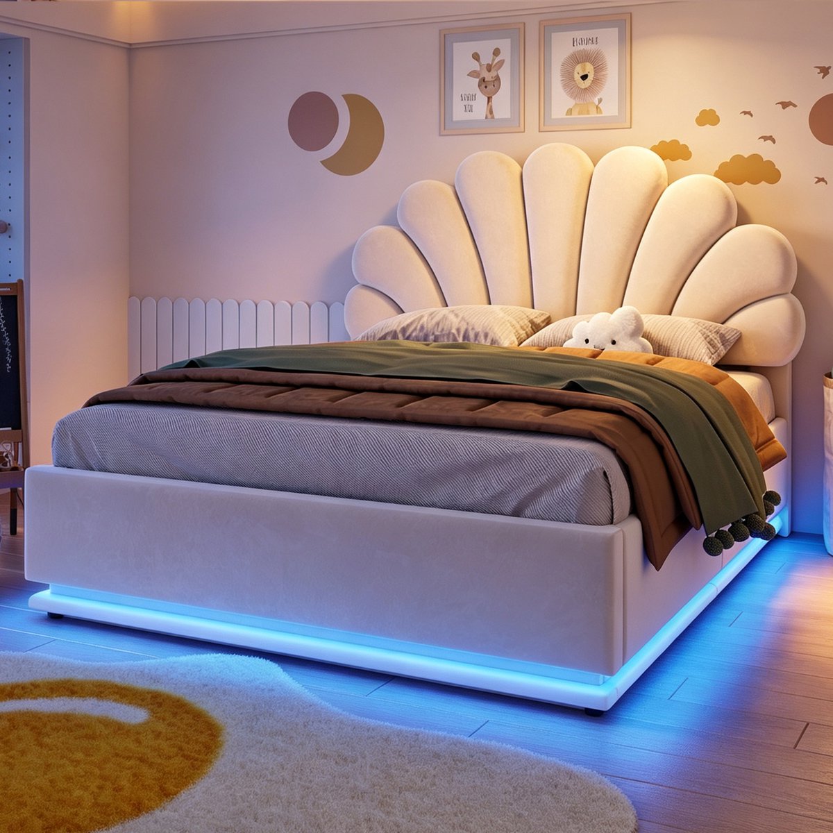 Kinderbed, Gestoffeerd Bed 140*200 cm, Bloemvormig Hoofdeinde, Hydraulische Opbergruimte, Ledverlichting En Metalen Frame, Beige Fluwelen Stof-Beige