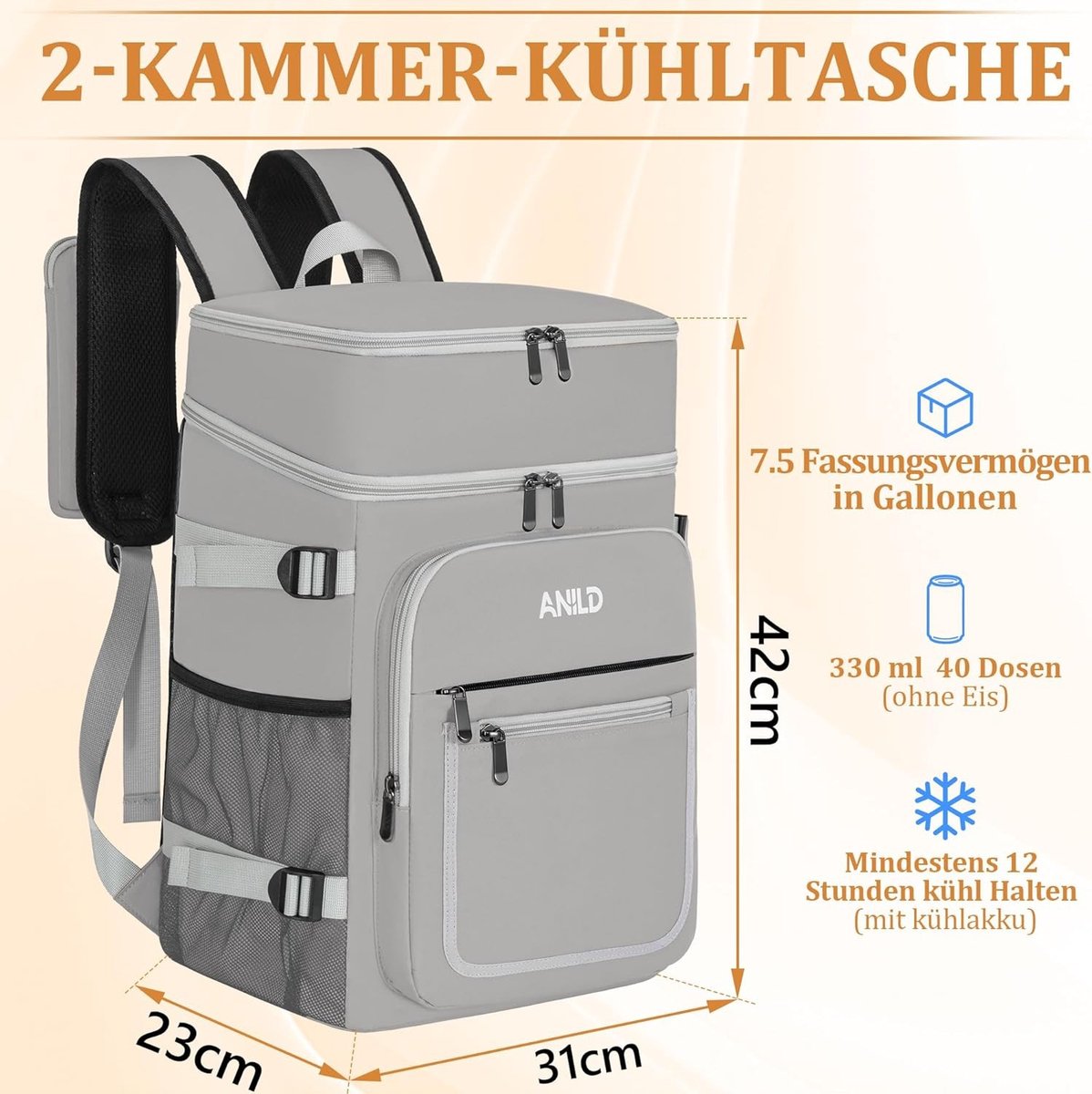 Geïsoleerde Koelrugzak - Grijs - 23 x 31 x 42 cm - Waterdichte Picknickrugzak met 2 Vakken - Voor Kamperen en Picknicken