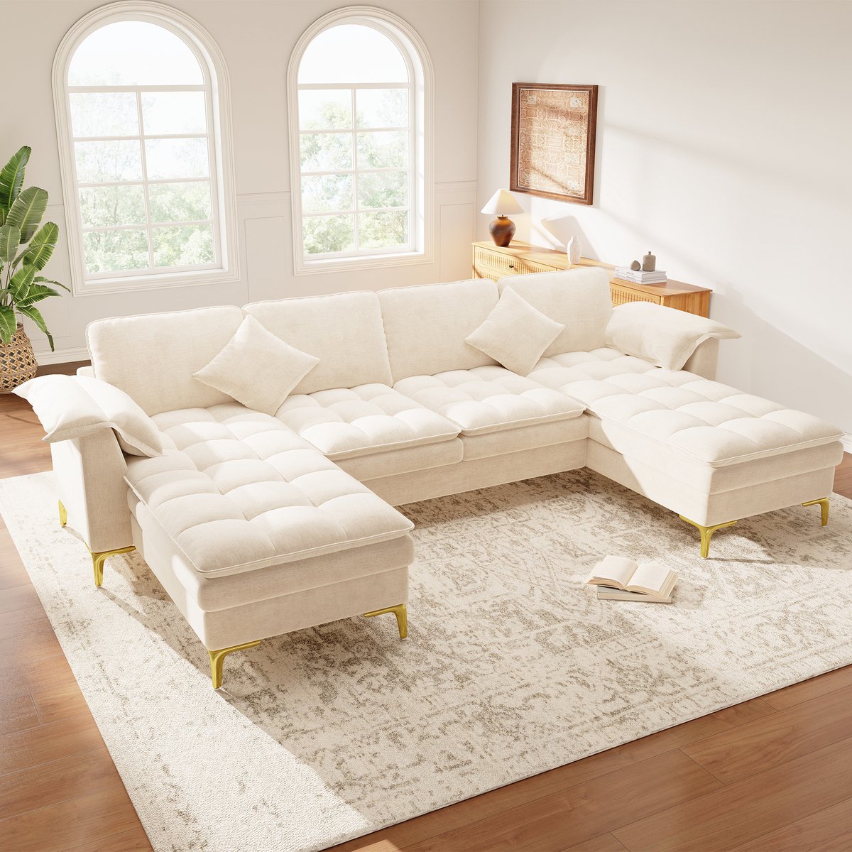 MODFU-U-Bank-4-Zits-Beige-Chenille-Met Gouden Poten
