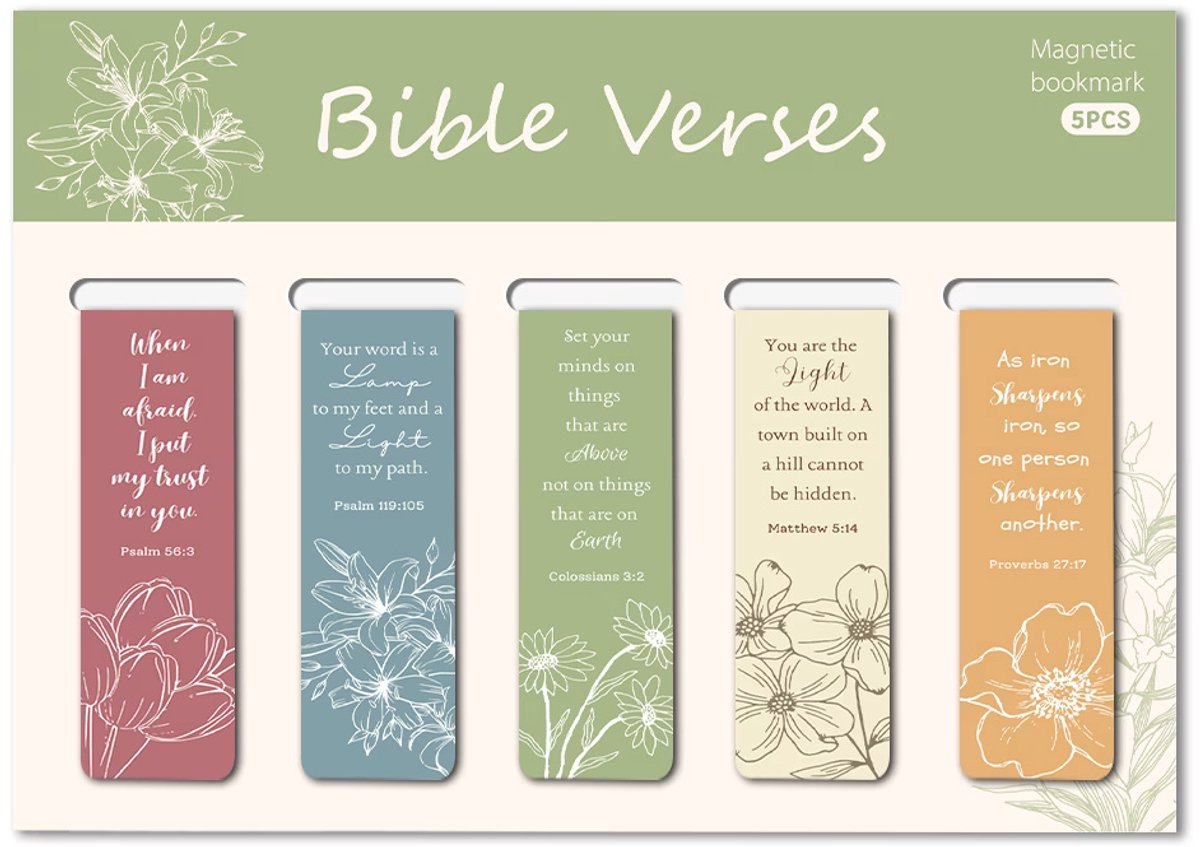 Viwado® Magnetische Boekenleggers 5 Stuks – Bijbelverzen & Bloemen – Christelijke Bladwijzers – Bijbel Boekenlegger