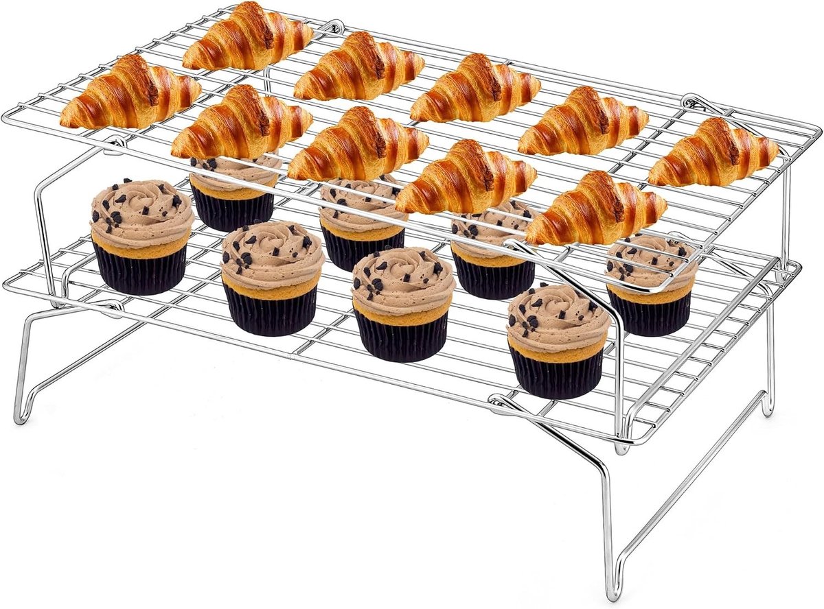 2-laags RVS Koelrek Set, Stapelbaar en Vouwbaar Bakrek voor Koekjes, Brood en Pizza, Afwasmachinebestendig - 15x26cm
