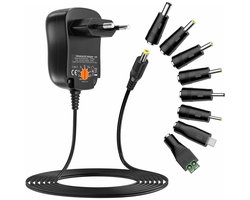 Universele AC/DC-voedingsadapter (schakelende voeding) – Instelbaar voltage (3V t/m 12V), 1A / 12W max., inclusief 8 DC-stekkers; geschikt voor huishoudelijke elektronica