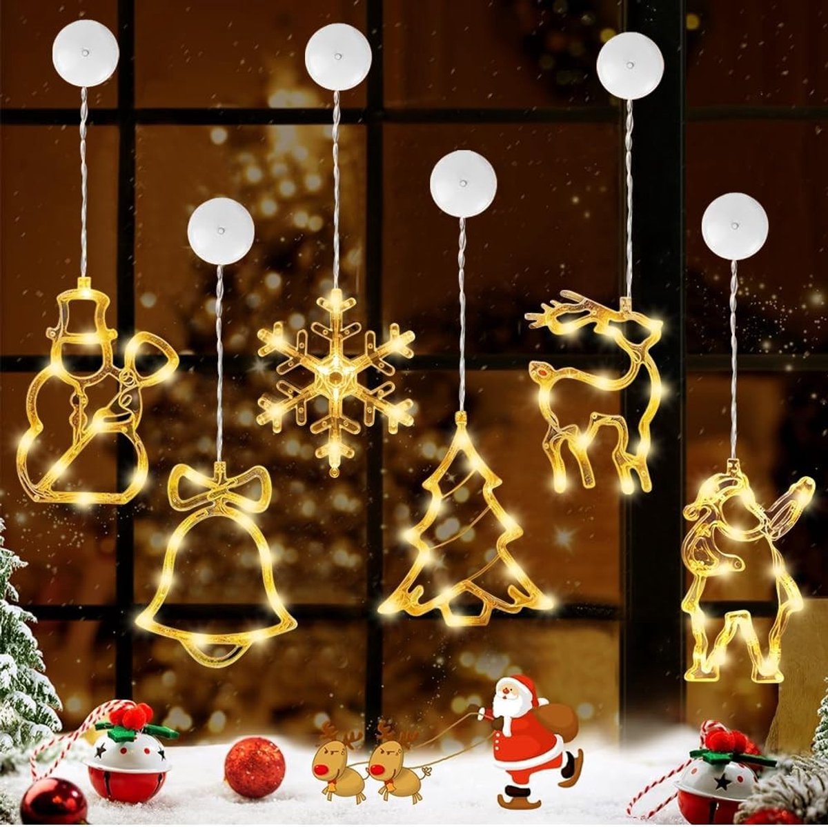 6 Stuks LED Zuignap Kerstverlichting - Feestelijke Raamdecoratie met Warm Wit Licht