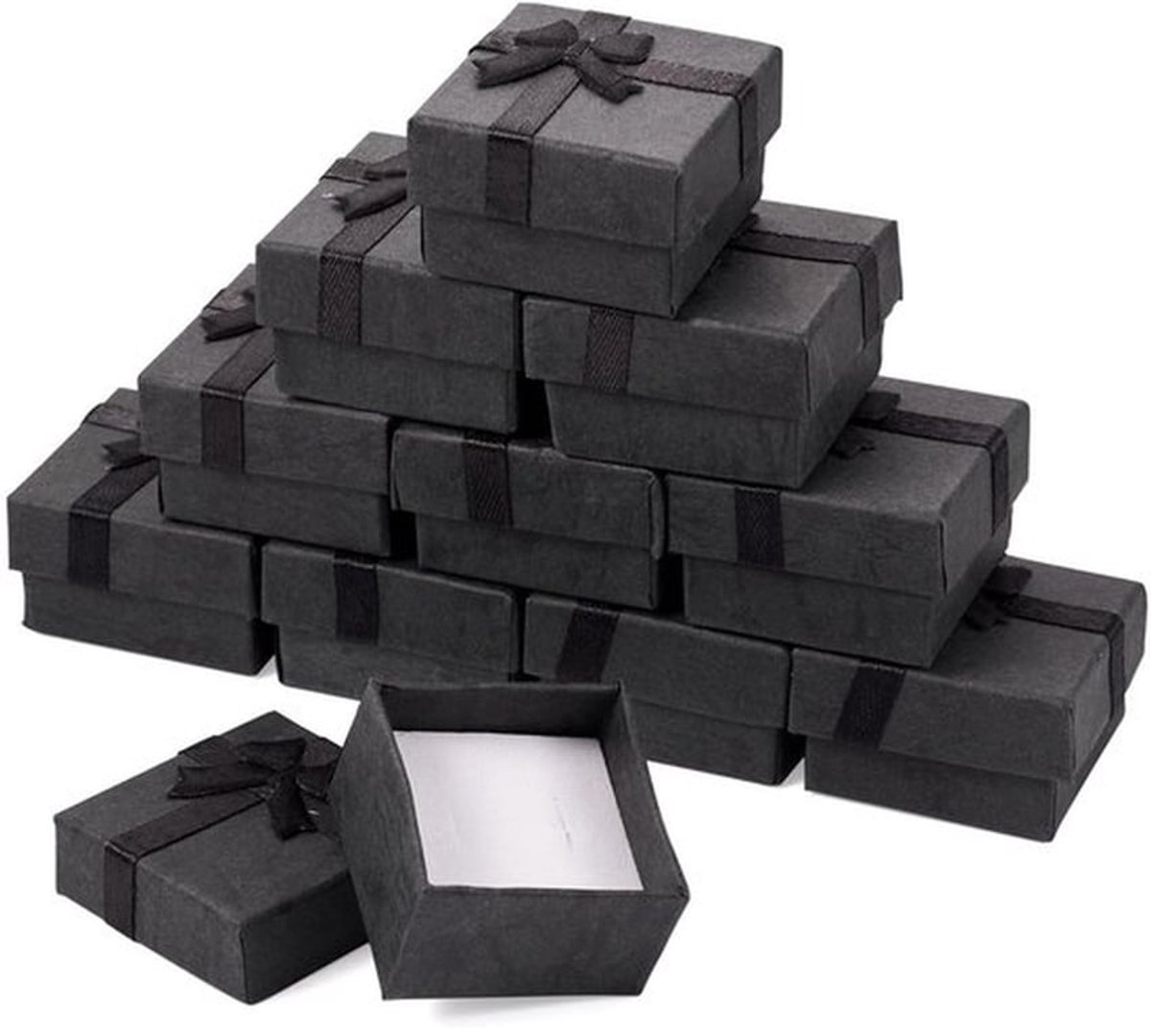 Kartonnen Dozen 12 Stuks - Kleine Dozen met Deksel - Vierkante Sieradendoos - Zwart - Voor Ringen/Oorbellen - Beschermend met Spons
