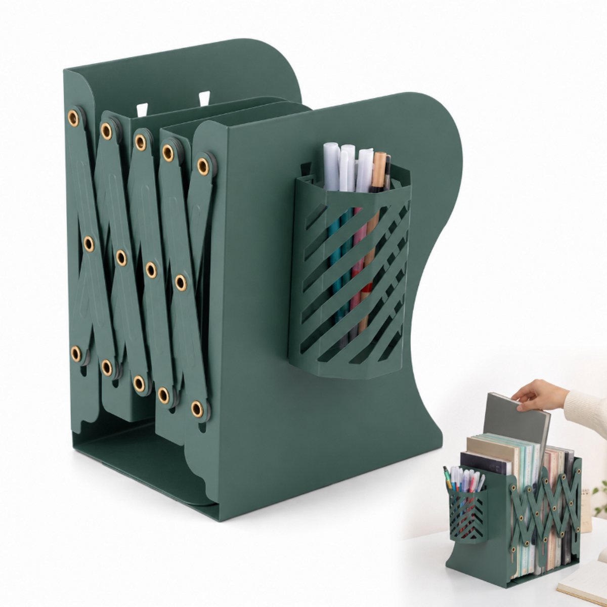 Verstelbare Boekensteun met Pennenhouder - Metalen Boekenhouder Uitrekbaar - Boekenstandaard voor Bureau & Kantoor - Groen