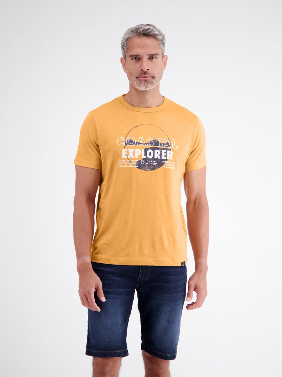 LERROS T-shirt met print op de borst en ronde hals , Maat: L , Kleur: DULL PEACH , 100% katoen