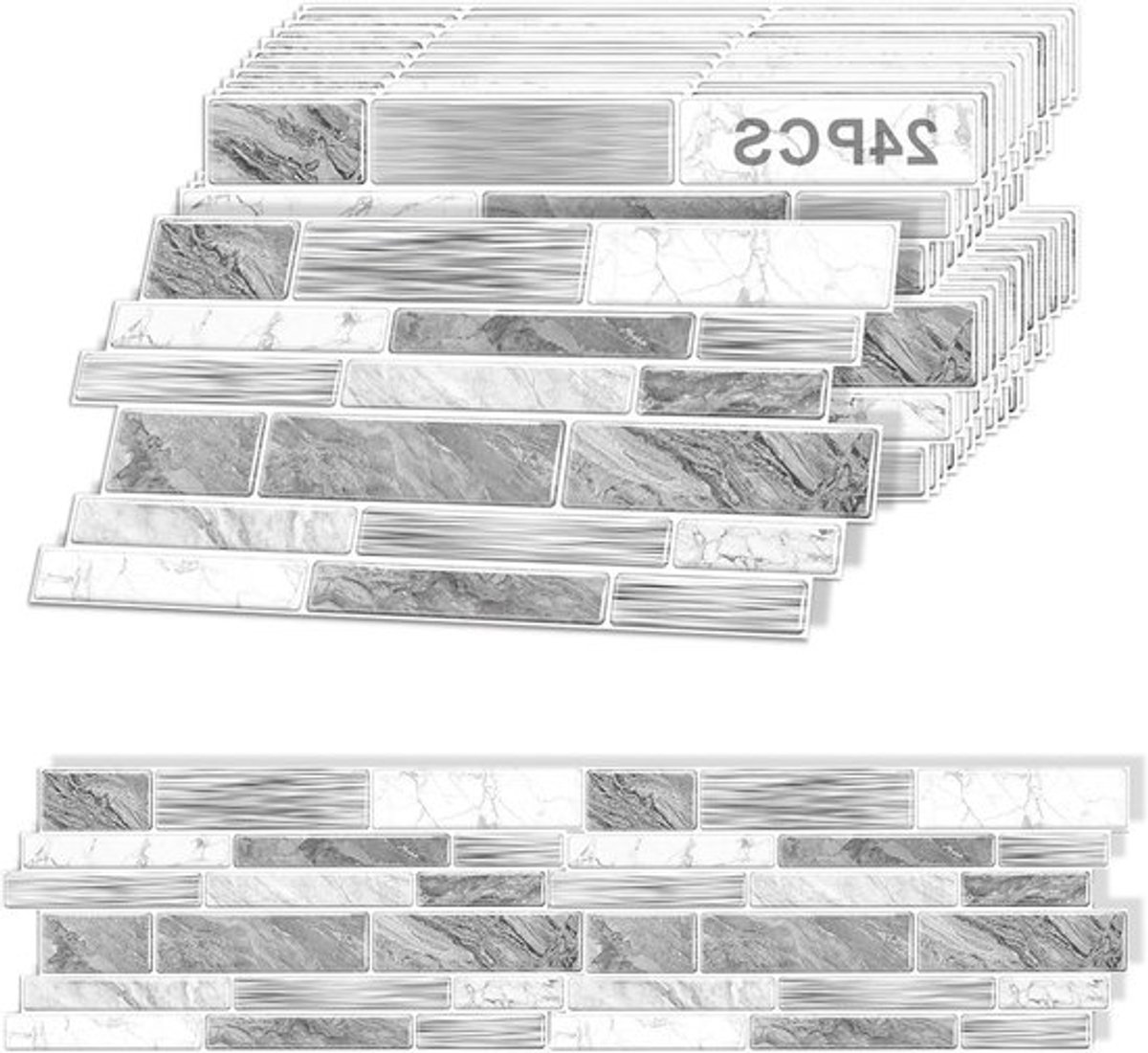Zelfklevende Tegelstickers 24 Vel 24.6 x 12 cm, Waterdicht en Makkelijk te Gebruiken voor Keuken en Badkamer, Wit Marmer Effect, Decoratieve Wandbekleding