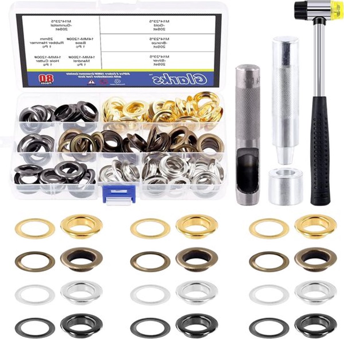 82 Stuks 14MM Metalen Versterkte Grommets met Pons en Hamer voor Canvas, Kleding en Tarp Accessoires
