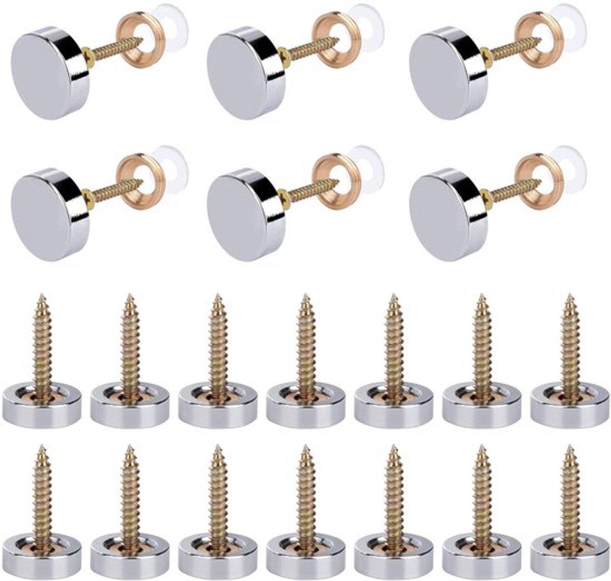 Spiegelschroef, Decoratie, 80 stuks, 16 mm, Zilver, Koper, Roestvrij staal